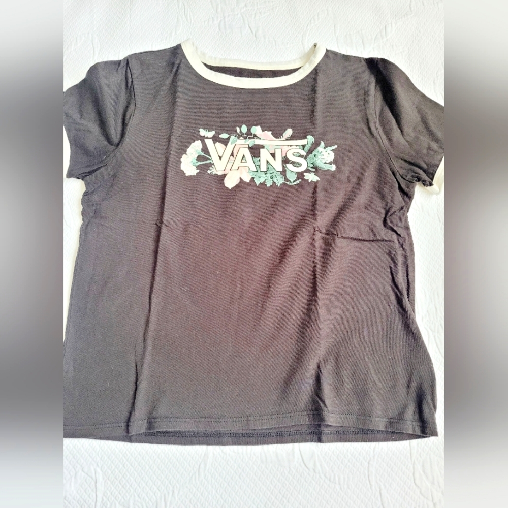 VANS women's T-Shirt 100% Cotton Black/ White Floral Logo Medium